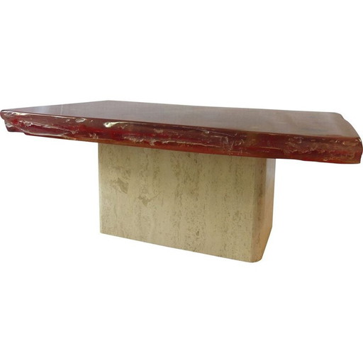 Red vintage coffee table with travertine foot