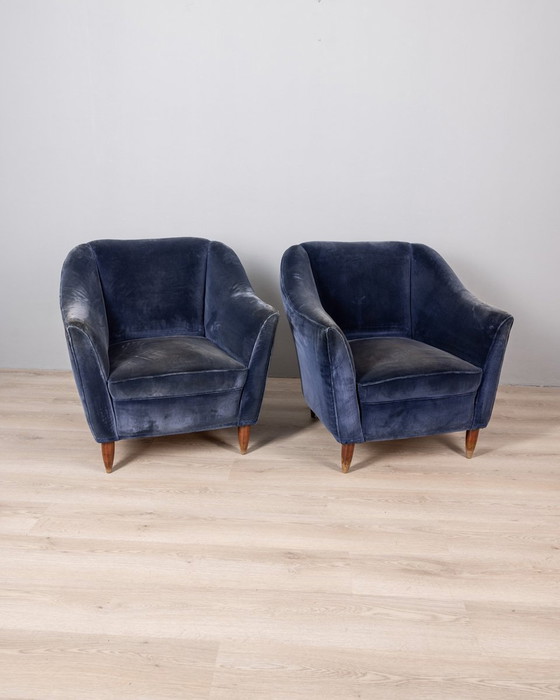 Image 1 of Pair Of 1950S Design Armchairs In Blue Velvet Italian Design