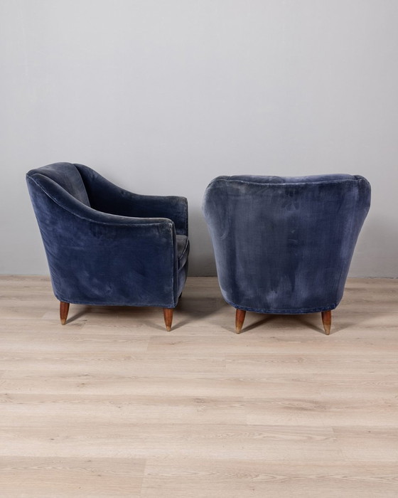 Image 1 of Pair Of 1950S Design Armchairs In Blue Velvet Italian Design