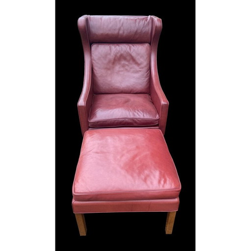 Vintage Indian red leather armchair and footrest by Borge Mogensen, 2004