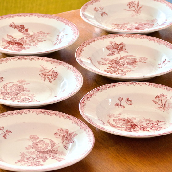 Image 1 of Assiettes Du Xixe Siècle Terre De Fer Rose Sarreguemines "Fontanges