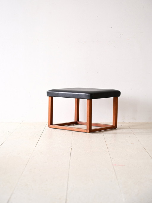 Scandinavian 1960s Teak Stool - Faux Leather Seat