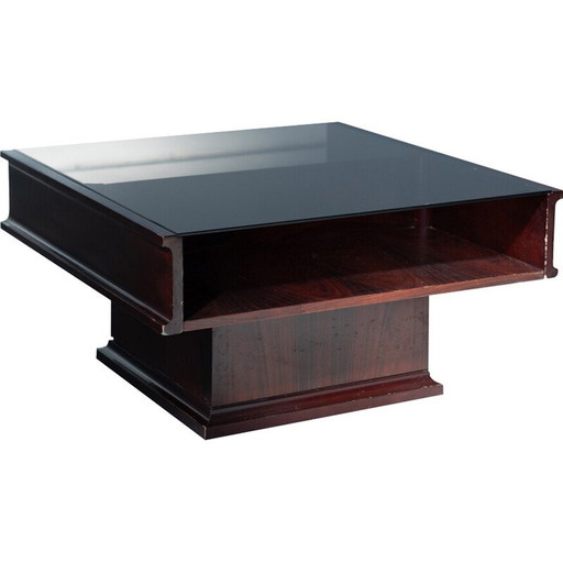 Vintage mahogany coffee table with glass top, 1970s