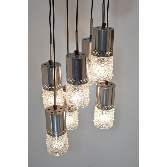 Image 1 of Chandelier, vintage waterfall, 7 chrome and glass suspensions