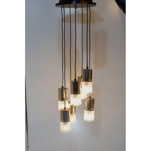 Chandelier, vintage waterfall, 7 chrome and glass suspensions