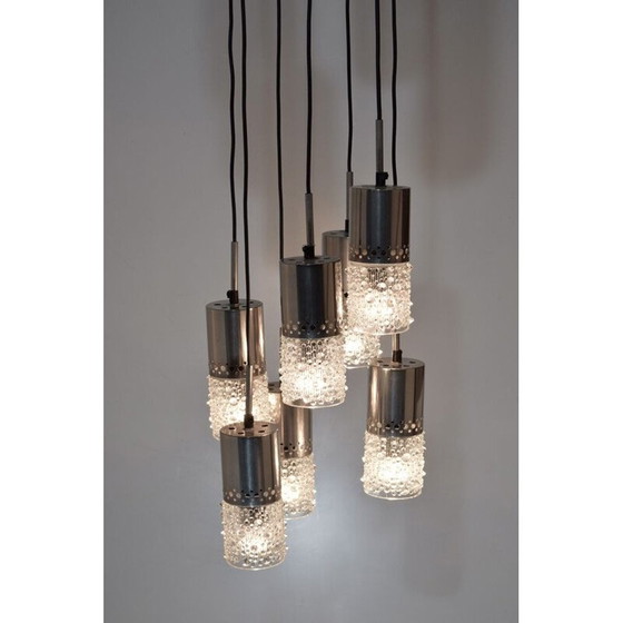 Image 1 of Chandelier, vintage waterfall, 7 chrome and glass suspensions