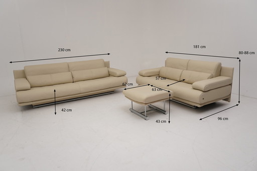 Rolf Benz 6500 Set & Stool Couch Sofa Three-seater Two-seater Leather Beige