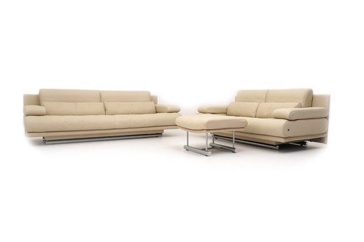 Rolf Benz 6500 Set & Stool Couch Sofa Three-seater Two-seater Leather Beige