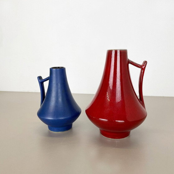 Image 1 of Pair of vintage pottery fat lava vases "blue-red" by Jopeko, Germany 1970s