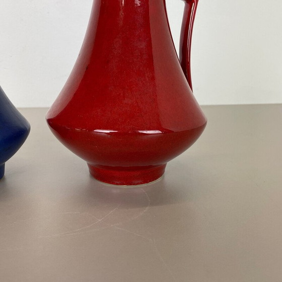 Image 1 of Pair of vintage pottery fat lava vases "blue-red" by Jopeko, Germany 1970s