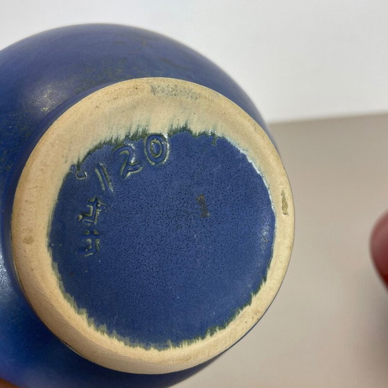 Image 1 of Pair of vintage pottery fat lava vases "blue-red" by Jopeko, Germany 1970s