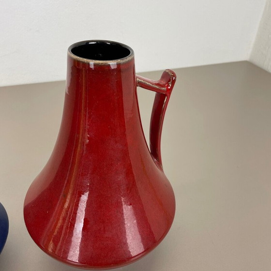 Image 1 of Pair of vintage pottery fat lava vases "blue-red" by Jopeko, Germany 1970s