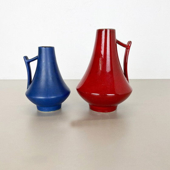 Image 1 of Pair of vintage pottery fat lava vases "blue-red" by Jopeko, Germany 1970s