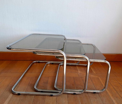 3 X Tables Gigognes Vintage Chrome Et Verre Fumé