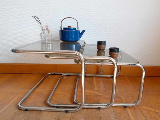 3 X Tables Gigognes Vintage Chrome Et Verre Fumé