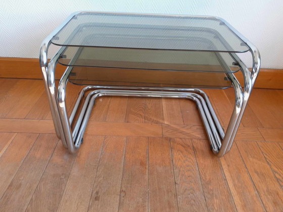 Image 1 of 3 X Tables Gigognes Vintage Chrome Et Verre Fumé