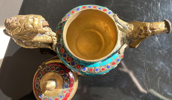 Image 1 of Authentic Bronze Teapot With Gemstone Inlay From Kashmir