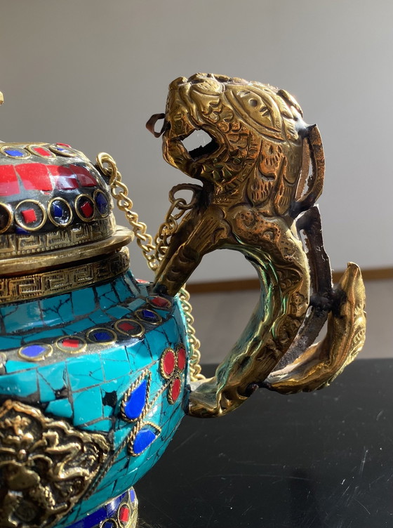 Image 1 of Authentic Bronze Teapot With Gemstone Inlay From Kashmir