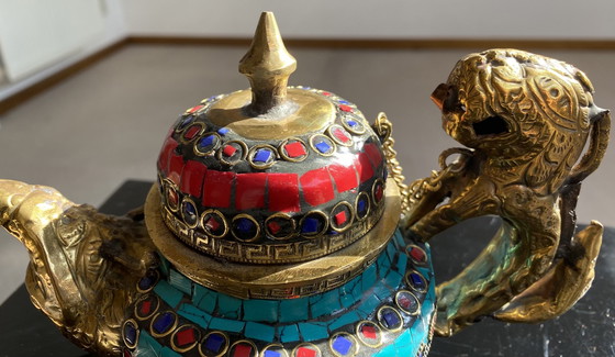 Image 1 of Authentic Bronze Teapot With Gemstone Inlay From Kashmir