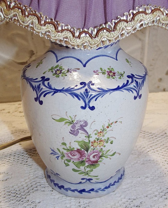 Image 1 of Antique Hand-Painted Porcelain Lamp With Pleated Shade-