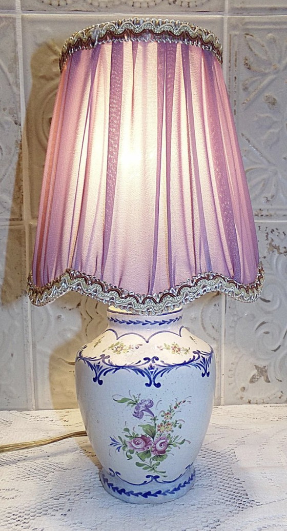 Image 1 of Antique Hand-Painted Porcelain Lamp With Pleated Shade-