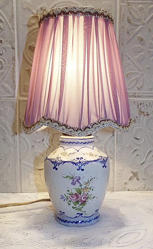 Antique Hand-Painted Porcelain Lamp With Pleated Shade-