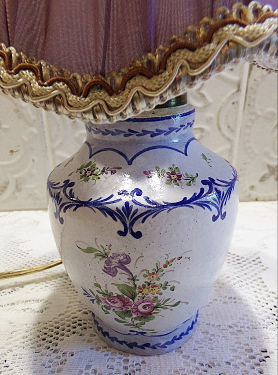 Image 1 of Antique Hand-Painted Porcelain Lamp With Pleated Shade-