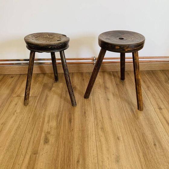 Image 1 of Pair of vintage wooden tripod stools