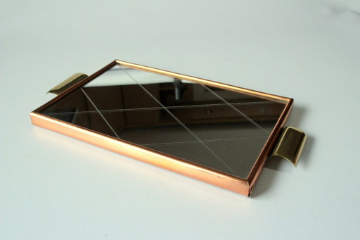 1950S Mirror tray - Serving tray with brass handles