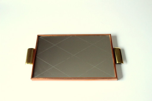 1950S Mirror tray - Serving tray with brass handles