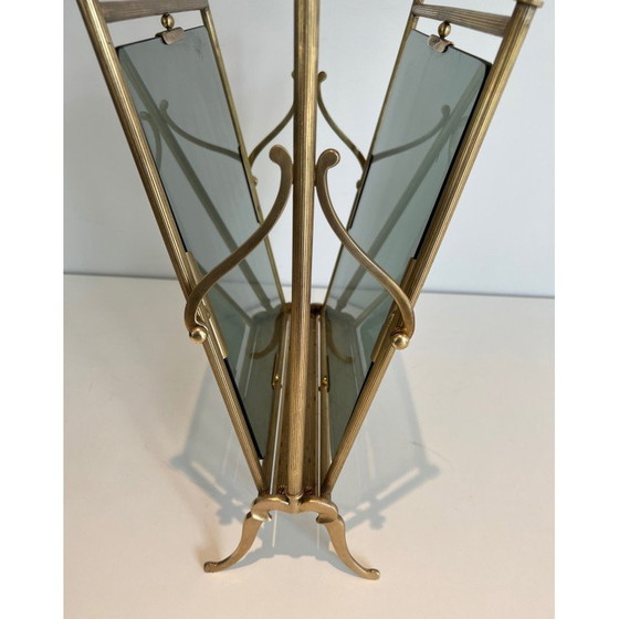 Image 1 of Vintage magazine rack in brass and bluish glass by Maison Jansen, 1940