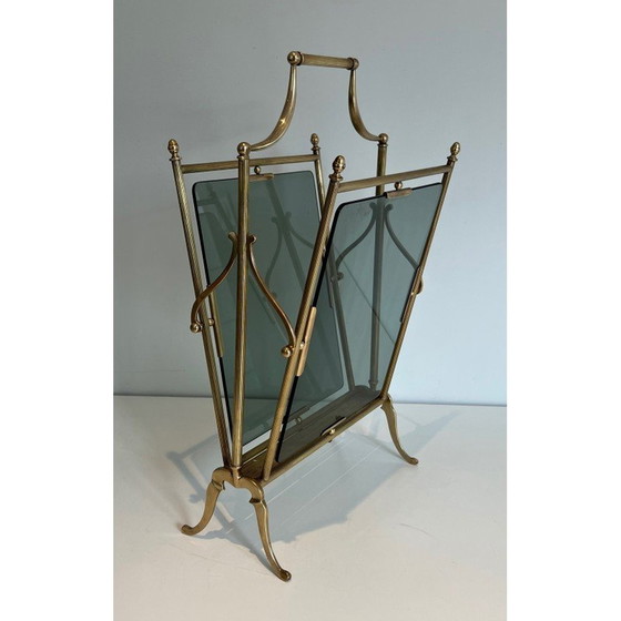 Image 1 of Vintage magazine rack in brass and bluish glass by Maison Jansen, 1940
