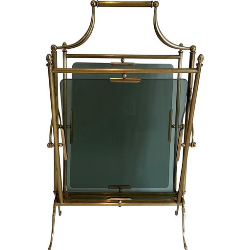 Revistero vintage de latón y cristal azulado de Maison Jansen, 1940