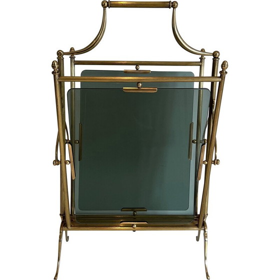 Image 1 of Vintage magazine rack in brass and bluish glass by Maison Jansen, 1940