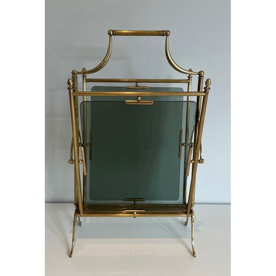 Image 1 of Vintage magazine rack in brass and bluish glass by Maison Jansen, 1940