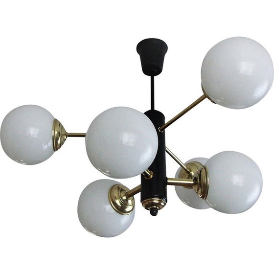 Image 1 of Lampadario vintage in ottone e vetro, anni '70