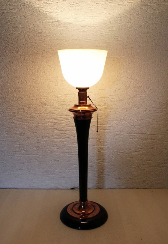 Image 1 of Art Deco Mazda Lamp, Wood Copper And Glass, 1930S