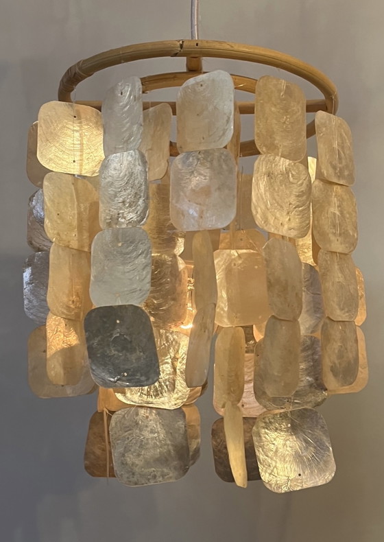 Image 1 of Capiz hanging lamps set of 2 bamboo frame opaline mother of pearl