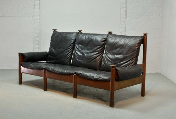 Image 1 of Sturdy Scandinavian 3-seater sofa in smooth Black Leather from mid-century, 1960s