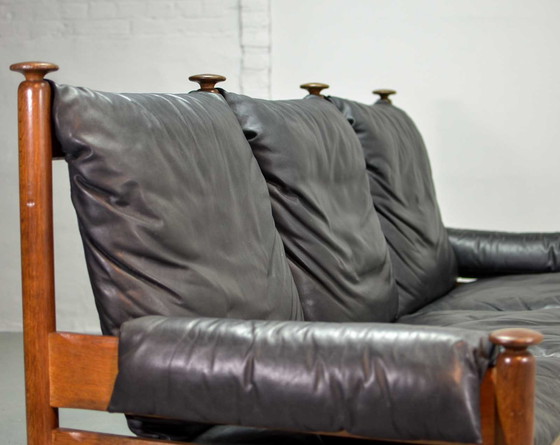 Image 1 of Sturdy Scandinavian 3-seater sofa in smooth Black Leather from mid-century, 1960s