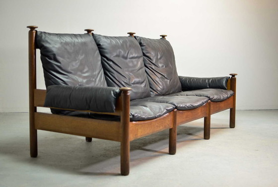 Image 1 of Sturdy Scandinavian 3-seater sofa in smooth Black Leather from mid-century, 1960s