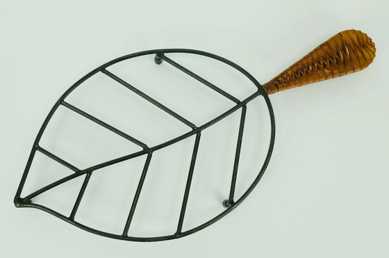 Image 1 of danish modern leaf-shaped COASTER metal and leather 1950s 