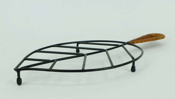 Image 1 of danish modern leaf-shaped COASTER metal and leather 1950s 