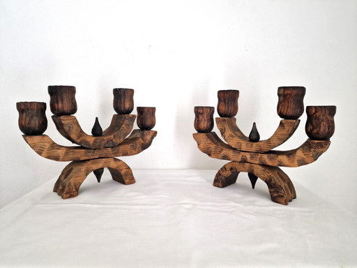 Pair Of Brutalist Wooden Candleholders