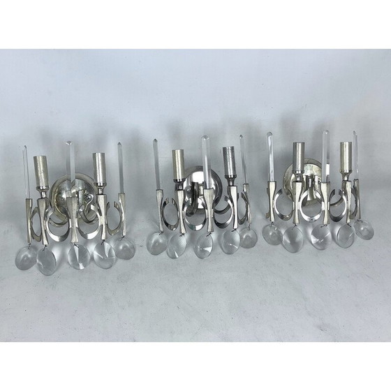 Image 1 of Set of 3 vintage Ovali brass and glass wall lamps by Sciolari, Italy 1960