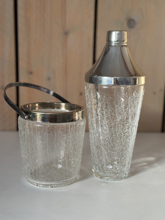 Image 1 of 60s Craquelé glass cocktail shaker and ice bucket