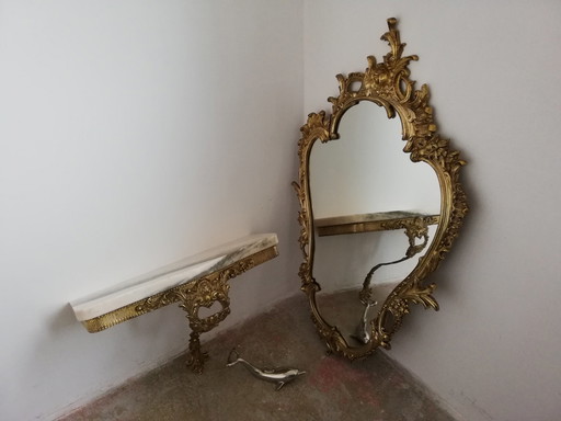 Vintage brass mirror with console