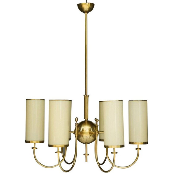 Image 1 of Vintage brass and opal glass chandelier, Germany 1940s