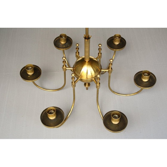 Image 1 of Vintage brass and opal glass chandelier, Germany 1940s