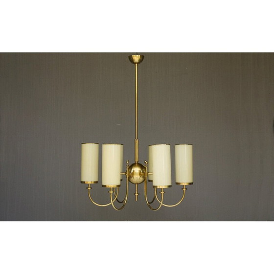 Image 1 of Vintage brass and opal glass chandelier, Germany 1940s